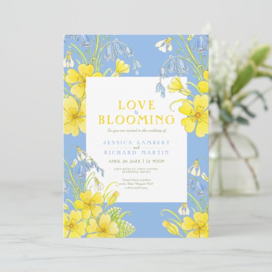 Liefde bloeit de lente bloemen blauwe bruiloft kaart