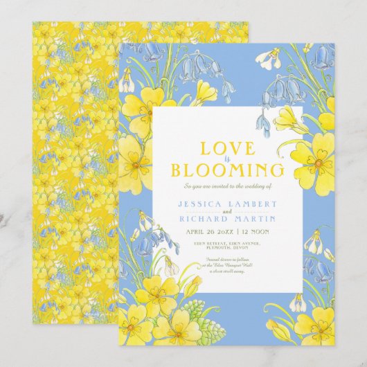 Liefde bloeit de lente bloemen blauwe bruiloft kaart (Voorkant / Achterkant)