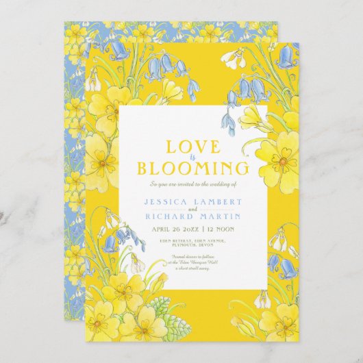 Liefde bloeit de lente bloemgele bruiloft kaart (Voorkant / Achterkant)