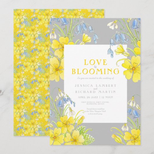 Liefde bloeit de lente bloemgele grijze bruiloft kaart (Voorkant / Achterkant)