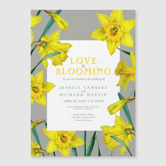 Liefde bloeit de lente gele daffodils bruiloft magnetische uitnodiging (Voorkant)