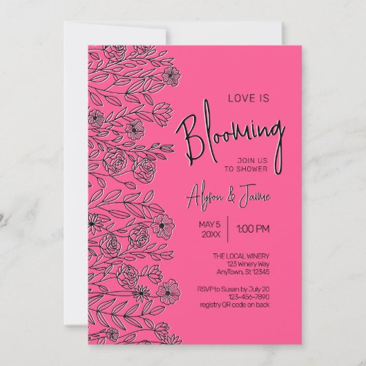 Liefde bloeit helder roze & zwart bloemendouche kaart (Voorkant)