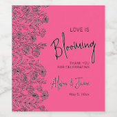 Liefde bloeit helder roze & zwart bloemendouche wijn etiket (Enkel label)