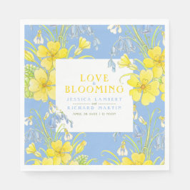 Liefde bloeit lentbloemen blauwe bruiloft servet