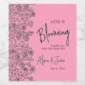 Liefde bloeit lichtroze & zwart bloemendouche wijn etiket (Enkel label)