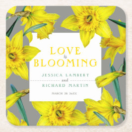 Liefde bloeit waterverf gele lenteverbruiloft kartonnen onderzetters