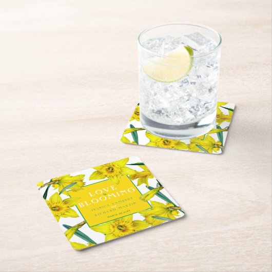 Liefde bloeit waterverf gele lenteverbruiloft kartonnen onderzetters (Insitu)