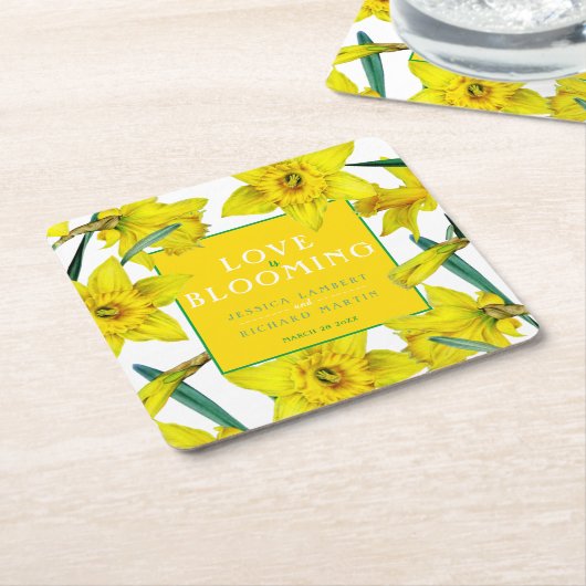 Liefde bloeit waterverf gele lenteverbruiloft kartonnen onderzetters (Schuin)