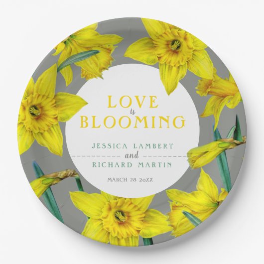 Liefde bloeit waterverf gele lenteverbruiloft papieren bordje (Voorkant)