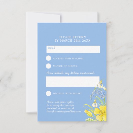 Liefde bloeit waterverf gele lenteverbruiloft RSVP kaartje (Achterkant)