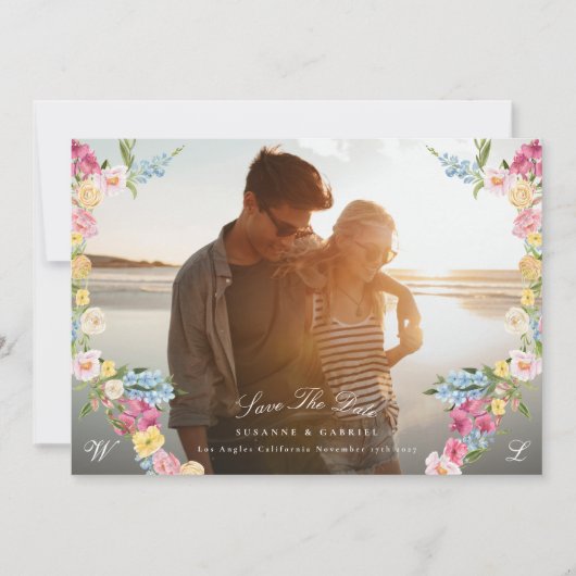  liefde Bloemenkrans Monogram Foto QR-code Save The Date (Voorkant)