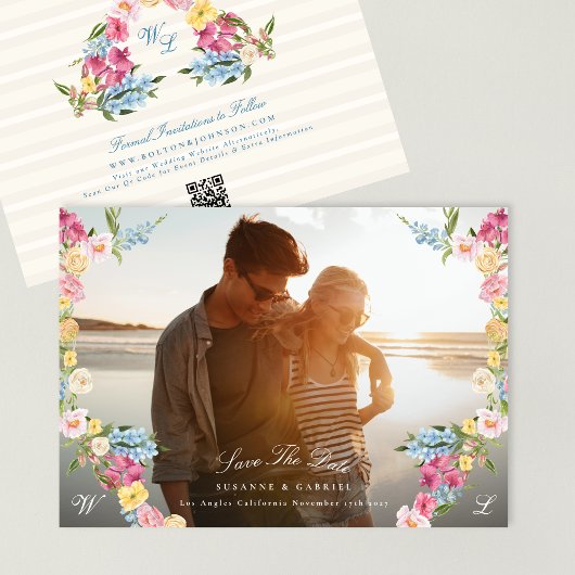  liefde Bloemenkrans Monogram Foto QR-code Save The Date