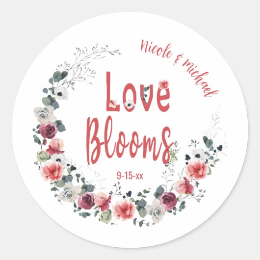 Liefde Blooms Gepersonaliseerde bruid bruidegom tr Ronde Sticker (Voorkant)