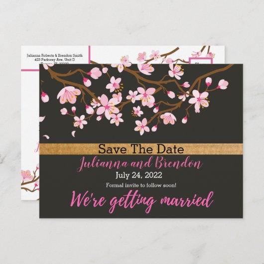 Liefde bloomt Cherry Blossom Save the Date Aankondigingskaart (Voorkant / Achterkant)