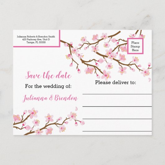 Liefde bloomt Cherry Blossom Save the Date Aankondigingskaart (Achterkant)