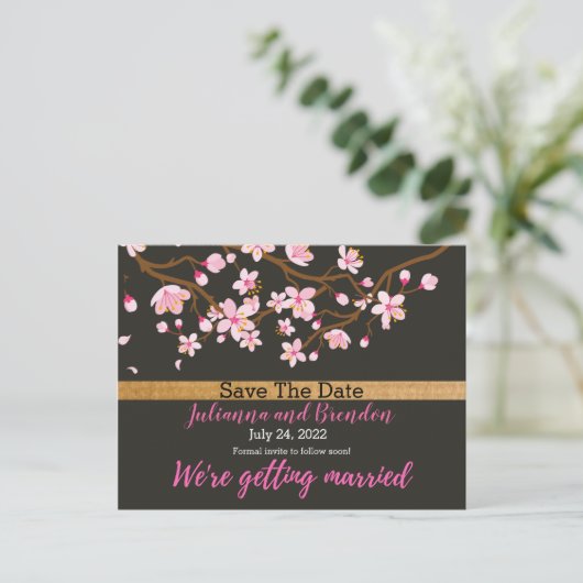 Liefde bloomt Cherry Blossom Save the Date Anno Briefkaart (Staand voorkant)