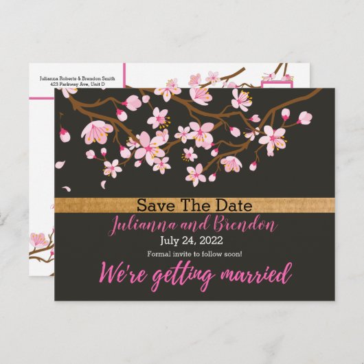 Liefde bloomt Cherry Blossom Save the Date Anno Briefkaart (Voorkant / Achterkant)