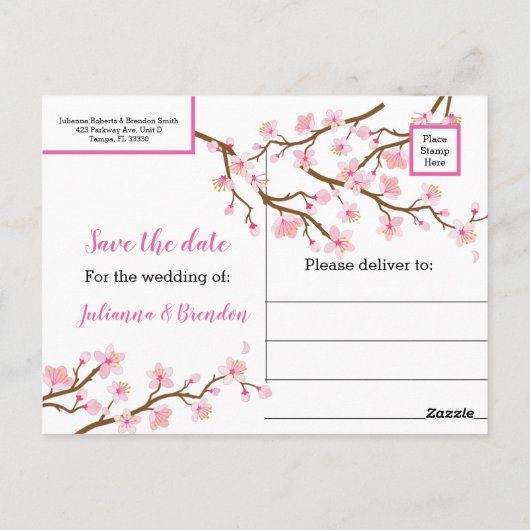 Liefde bloomt Cherry Blossom Save the Date Anno Briefkaart (Achterkant)