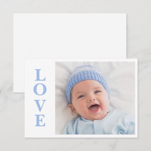 Liefde Blue Typografie Foto geboorteaankondiging (Voorkant / Achterkant)