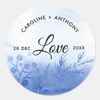 Liefde. Blue Waterverf Winter Branches Wedding Ronde Sticker