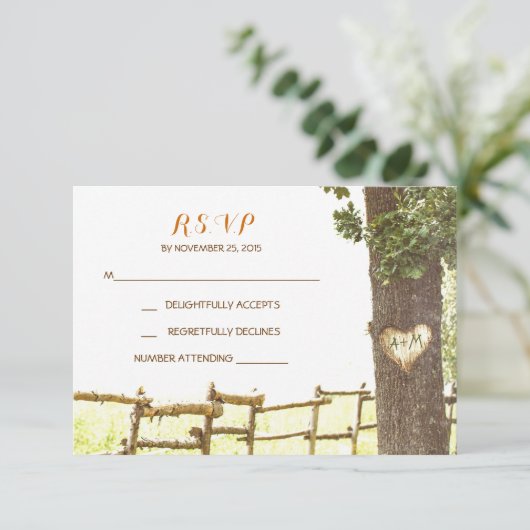 Liefde boom platteland bruiloft RSVP kaarten (Staand voorkant)