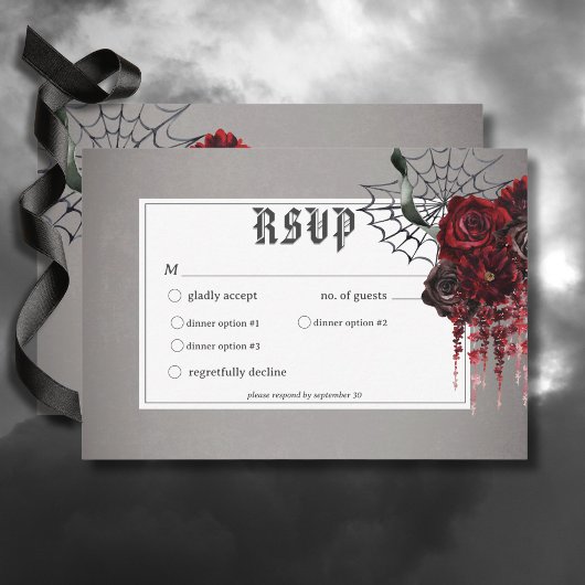 Liefde & Botten Spooky Rood Bloemen Trouwdiner RSVP Kaartje