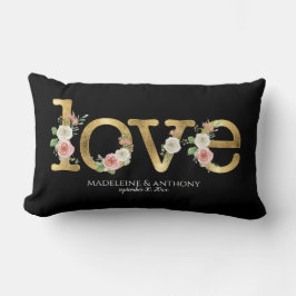 Liefde Bruiloft Aquarel Bloem Zwarte Gouden Namen Kussen