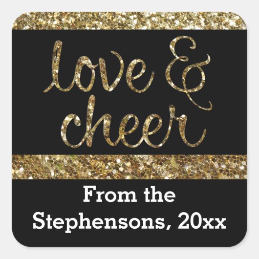 Liefde + Cheer Glitter Glimmend Effect Kerstmis Vierkante Sticker (Voorkant)