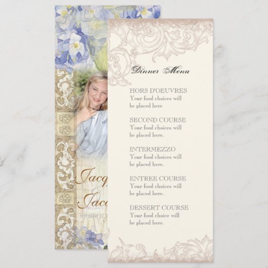 Liefde & Cherish Blue Hydrangea Floral Wedding Menu (Voorkant / Achterkant)