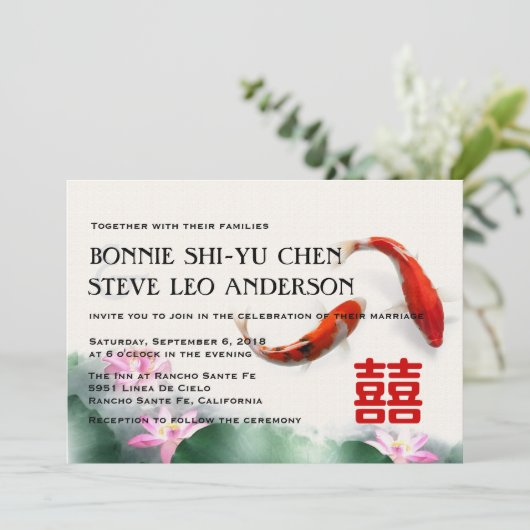 Liefde cirkels | Lotus Koi Double Happiness Weddin Kaart (Staand voorkant)