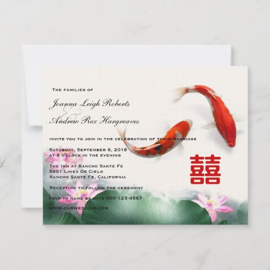 Liefde cirkels | Lotus Koi Double Happiness Weddin Kaart (Voorkant)