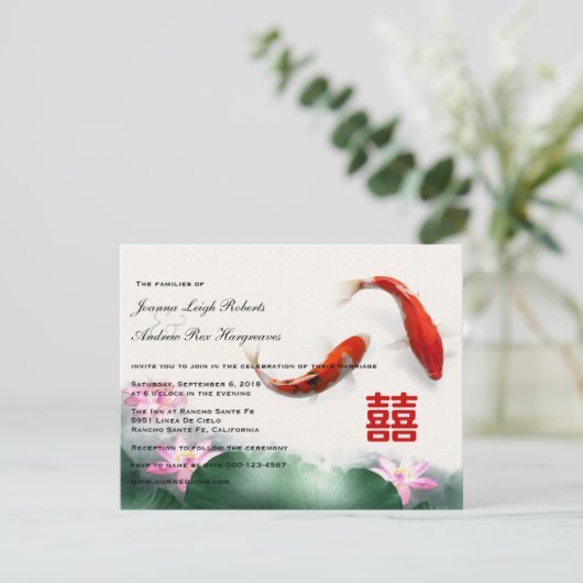 Liefde cirkels | Lotus Koi Double Happiness Weddin Kaart (Staand voorkant)