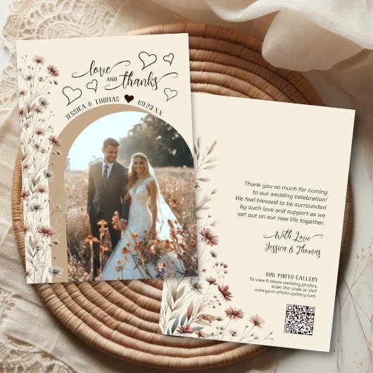 Liefde Dank Boho Wilde Bloemen Foto QR Code Trouwe Bedankkaart