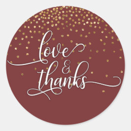 Liefde & Dank, Gouden Confetti over Burgundy Ronde Sticker