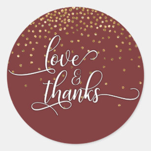 Liefde & Dank, Gouden Confetti over Burgundy Ronde Sticker