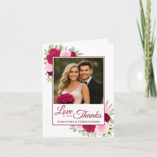 Liefde & Dank Magenta Roze Rozen Huwelijksfoto Bedankkaart