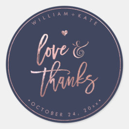 Liefde+Dank,  Modern Schrift Rozegoud+Navy Blauw Ronde Sticker