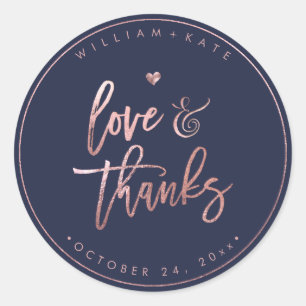 Liefde+Dank, Modern Schrift Rozegoud+Navy Blauw Ronde Sticker