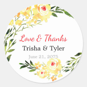 Liefde & Dank, Namen & Datum Gele Bloemen Bruiloft Ronde Sticker