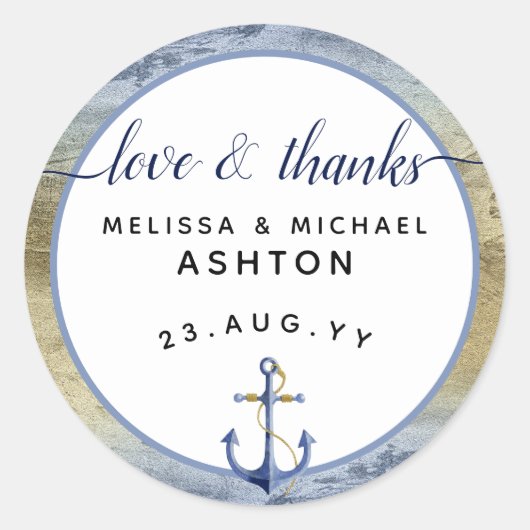 Liefde & Dank #Nautical Blauw & Goud #Bruiloft Fav Ronde Sticker (Voorkant)