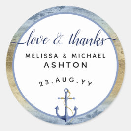 Liefde & Dank #Nautical Blauw & Goud #Bruiloft Fav Ronde Sticker