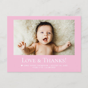 Liefde & Dank Roze Baby Foto aankondiging Briefkaart