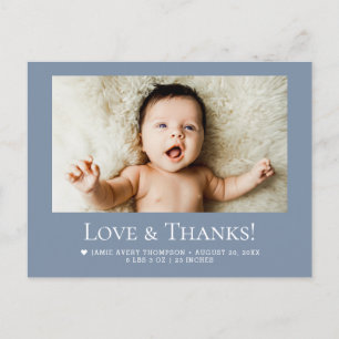 Liefde & Dank Stofblauw 1 Baby Foto aankondiging Briefkaart