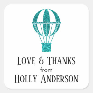 Liefde & Dank Teal Glitter Heet Luchtballon met na Vierkante Sticker