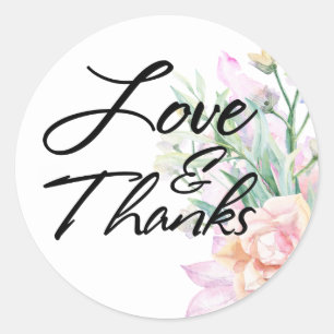 Liefde & Dank Typografie, Boho Waterverf Bloemen Ronde Sticker