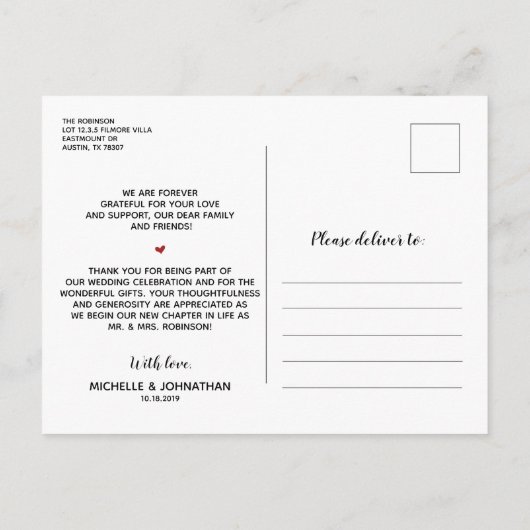 Liefde & dank u -Trouwfoto dank u briefkaart (Achterkant)