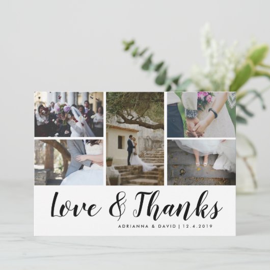 Liefde & Dank Vijf Koppel Foto Huwelijk Bedankkaart (Staand voorkant)