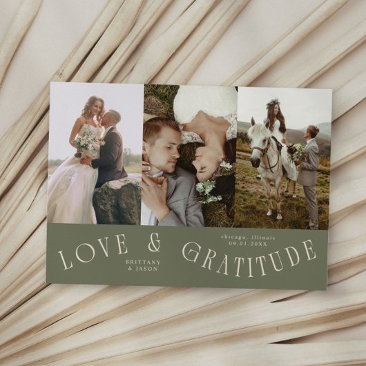 Liefde & Dankbaarheid Saliegroen Trouw Multi Foto Bedankkaart