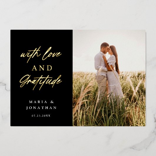 Liefde & Dankbaarheid Trouwfoto Dank u Folie Uitnodiging (Voorkant)
