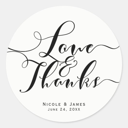 Liefde & Dankbaarheid Zwart Script Trouwgunst Ronde Sticker (Voorkant)